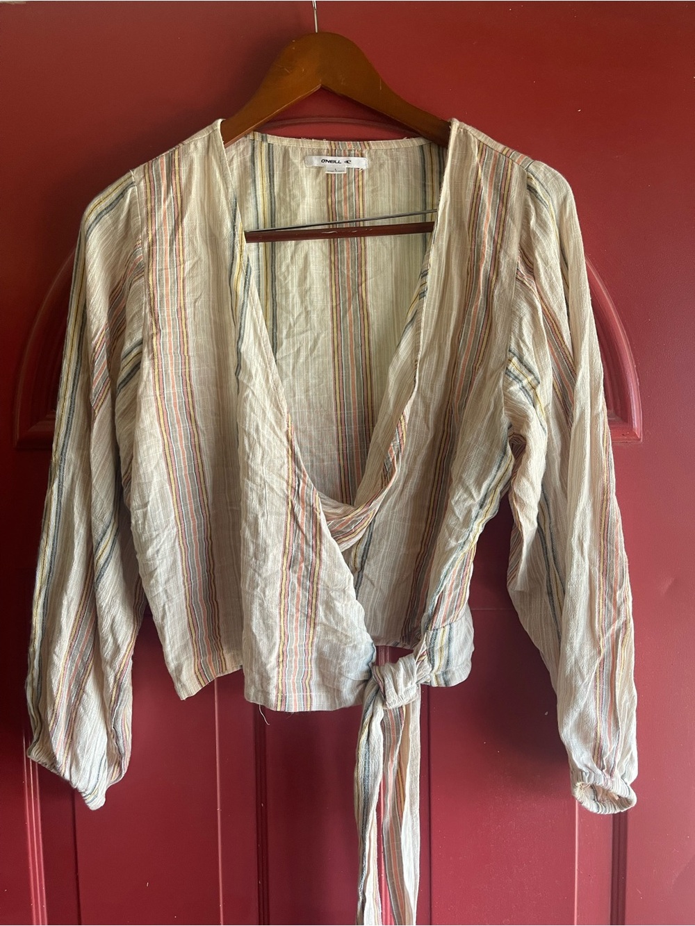 O'Neill Cream Striped Wrap Blouse with Tie